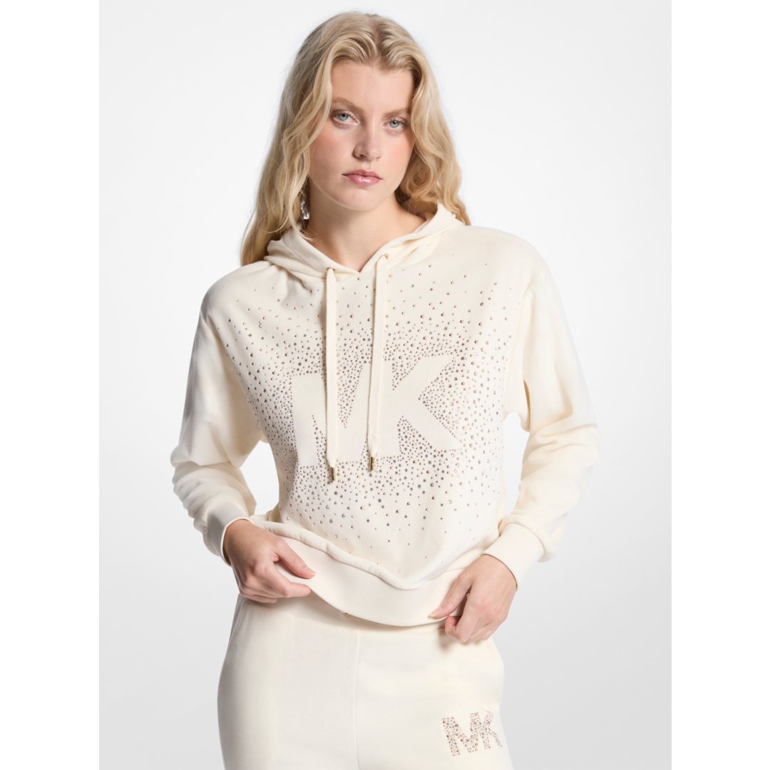 Michael Kors Embellished Logo Velour Hoodie BONE