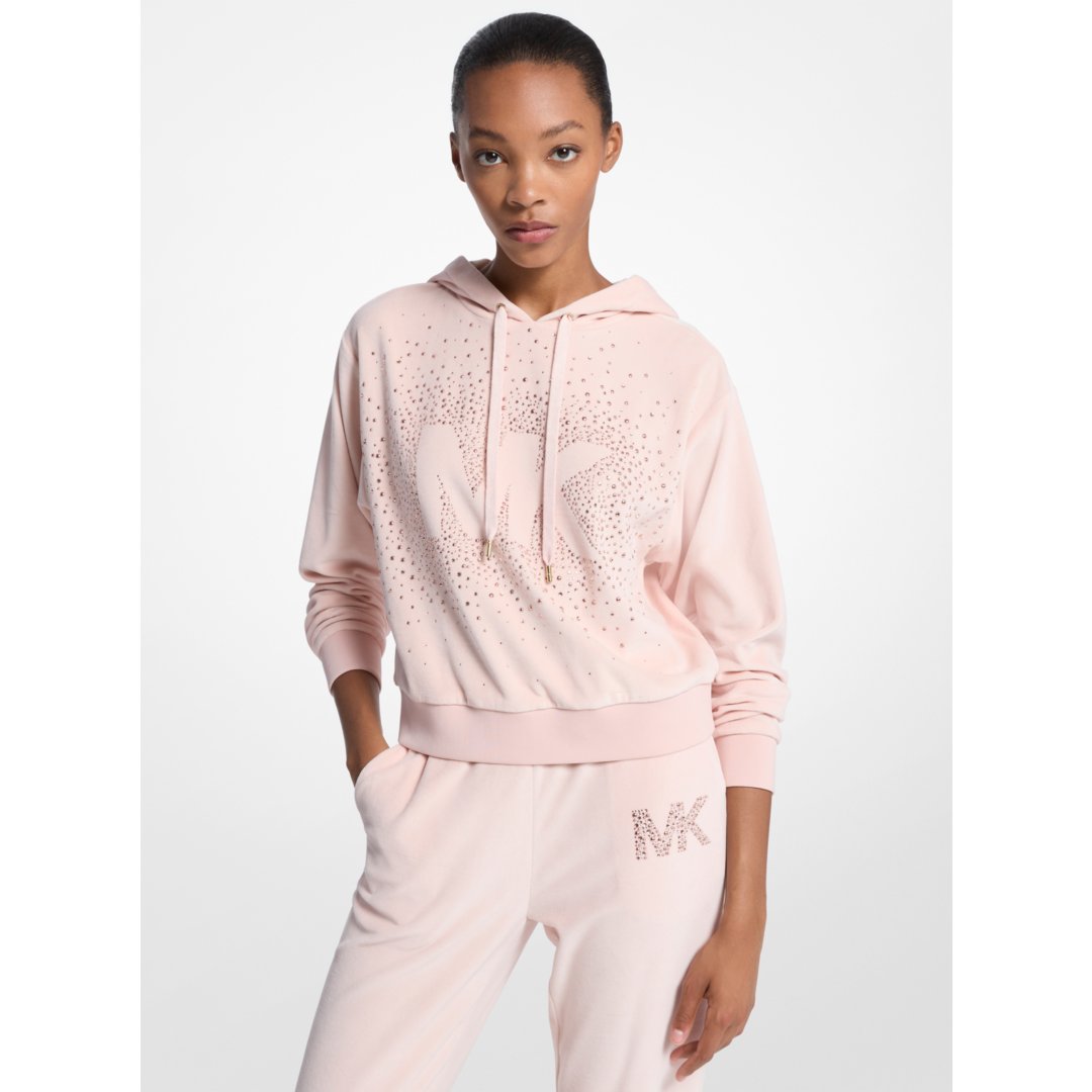 Michael Kors Embellished Logo Velour Hoodie POWDER BLUSH