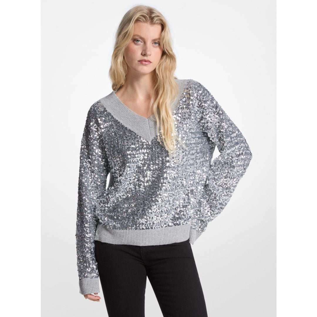 Michael Kors Sequined Cotton Blend Sweater PEARL GREY