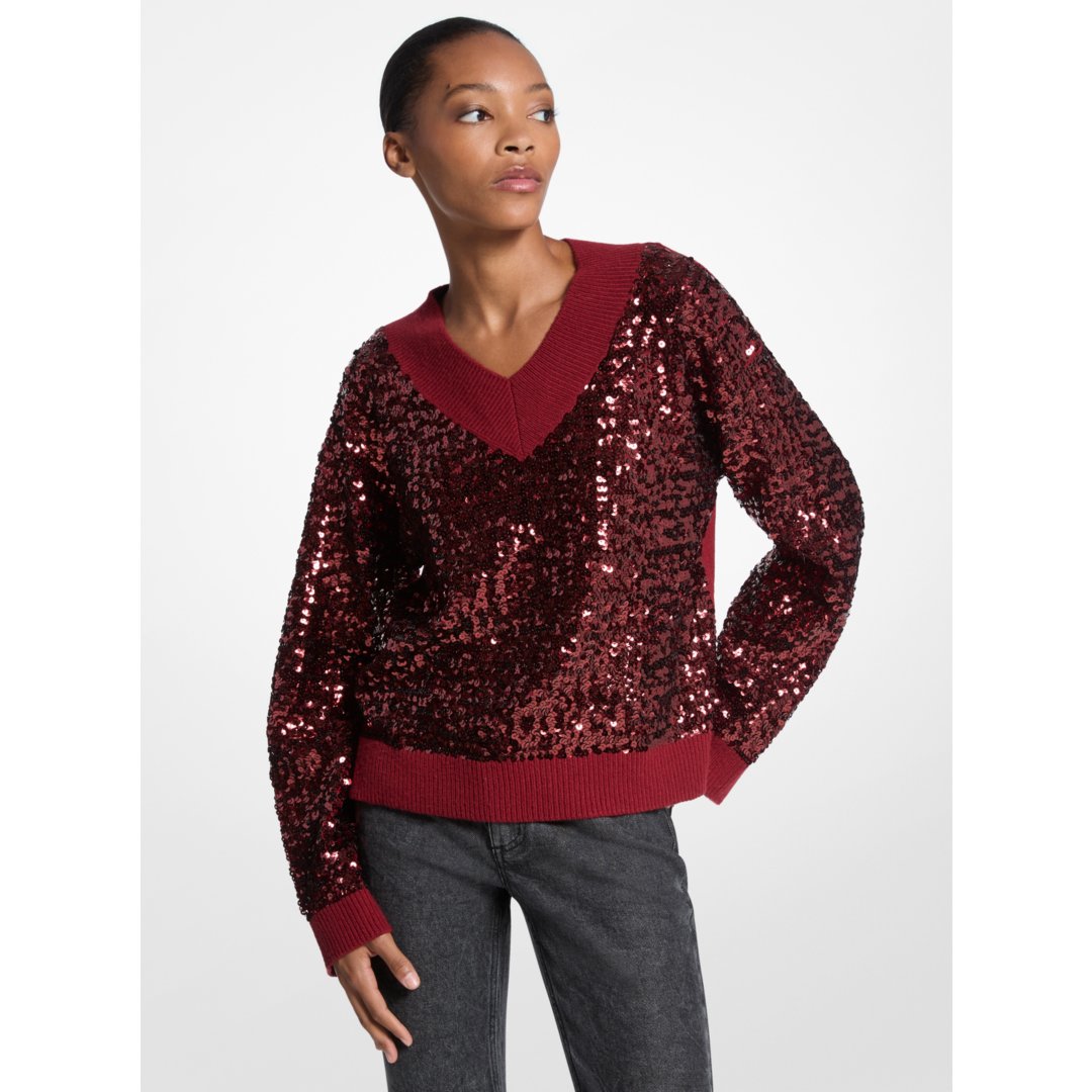 Michael Kors Sequined Cotton Blend Sweater CHERRY