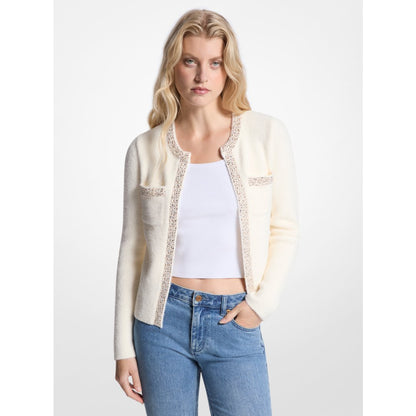 Michael Kors Embellished Nylon Blend Cardigan BONE