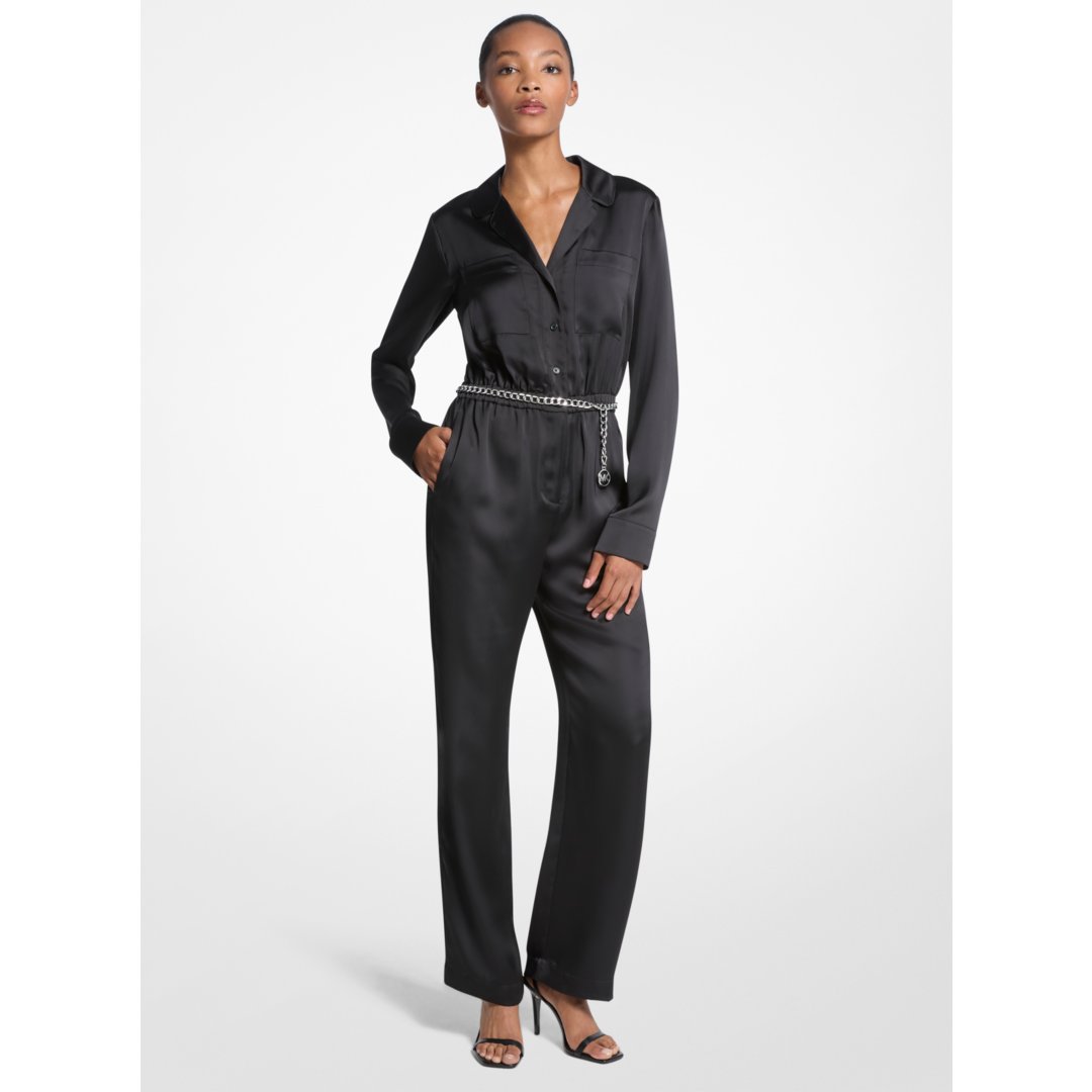 Michael Kors Satin Long Sleeve Belted Jumpsuit BLACK