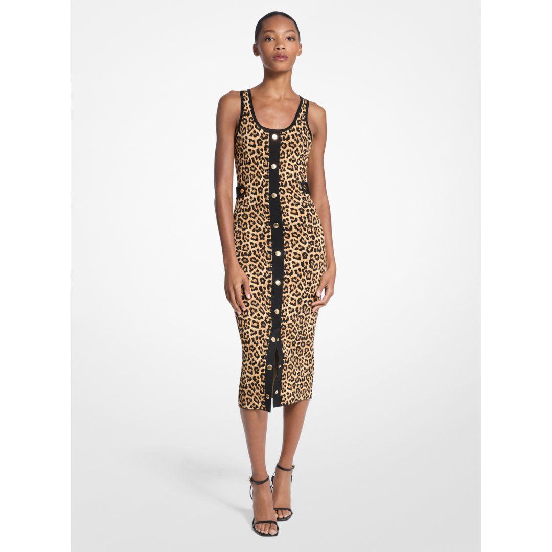 Michael Kors Leopard Print Stretch Viscose Midi Tank Dress PALE BUTTERSCOTCH