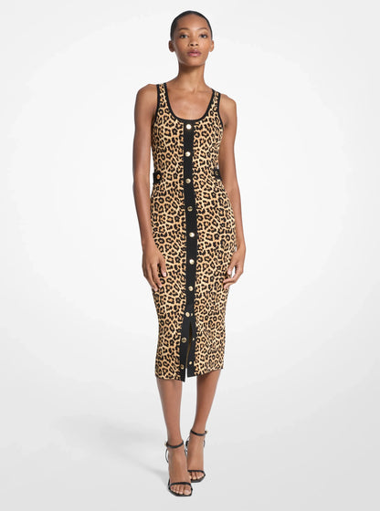 Michael Kors Leopard Print Stretch Viscose Midi Tank Dress PALE BUTTERSCOTCH