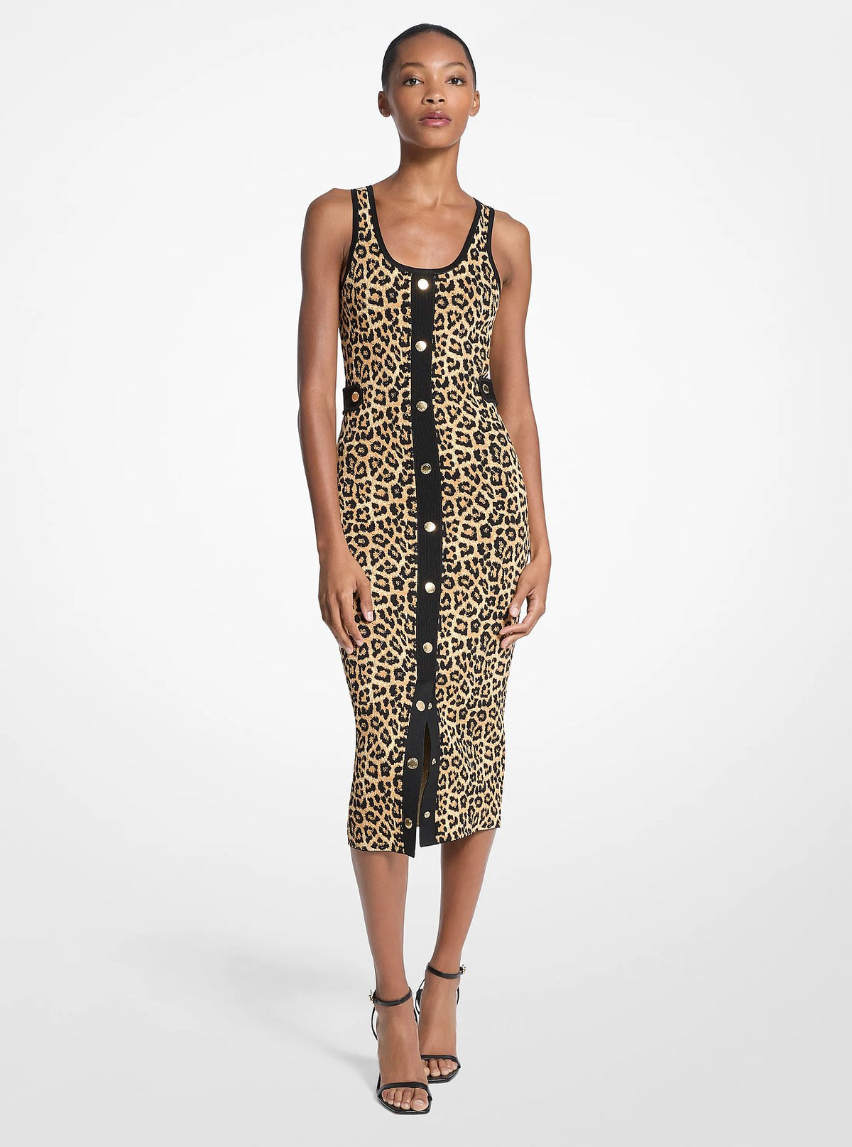 Michael Kors Leopard Print Stretch Viscose Midi Tank Dress PALE BUTTERSCOTCH