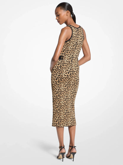 Michael Kors Leopard Print Stretch Viscose Midi Tank Dress PALE BUTTERSCOTCH