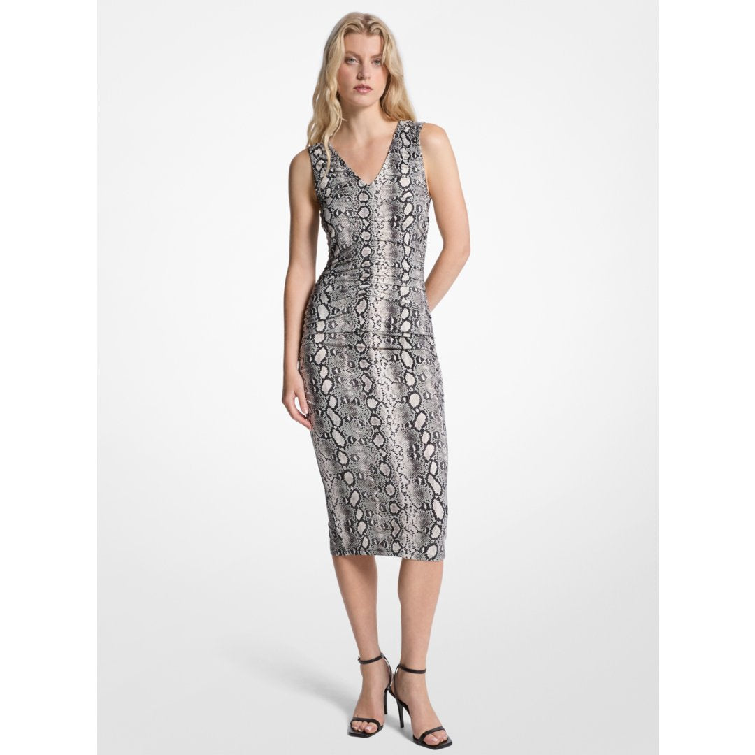 Michael Kors Snake Print Stretch Matte Jersey Ruched Midi Dress BONE