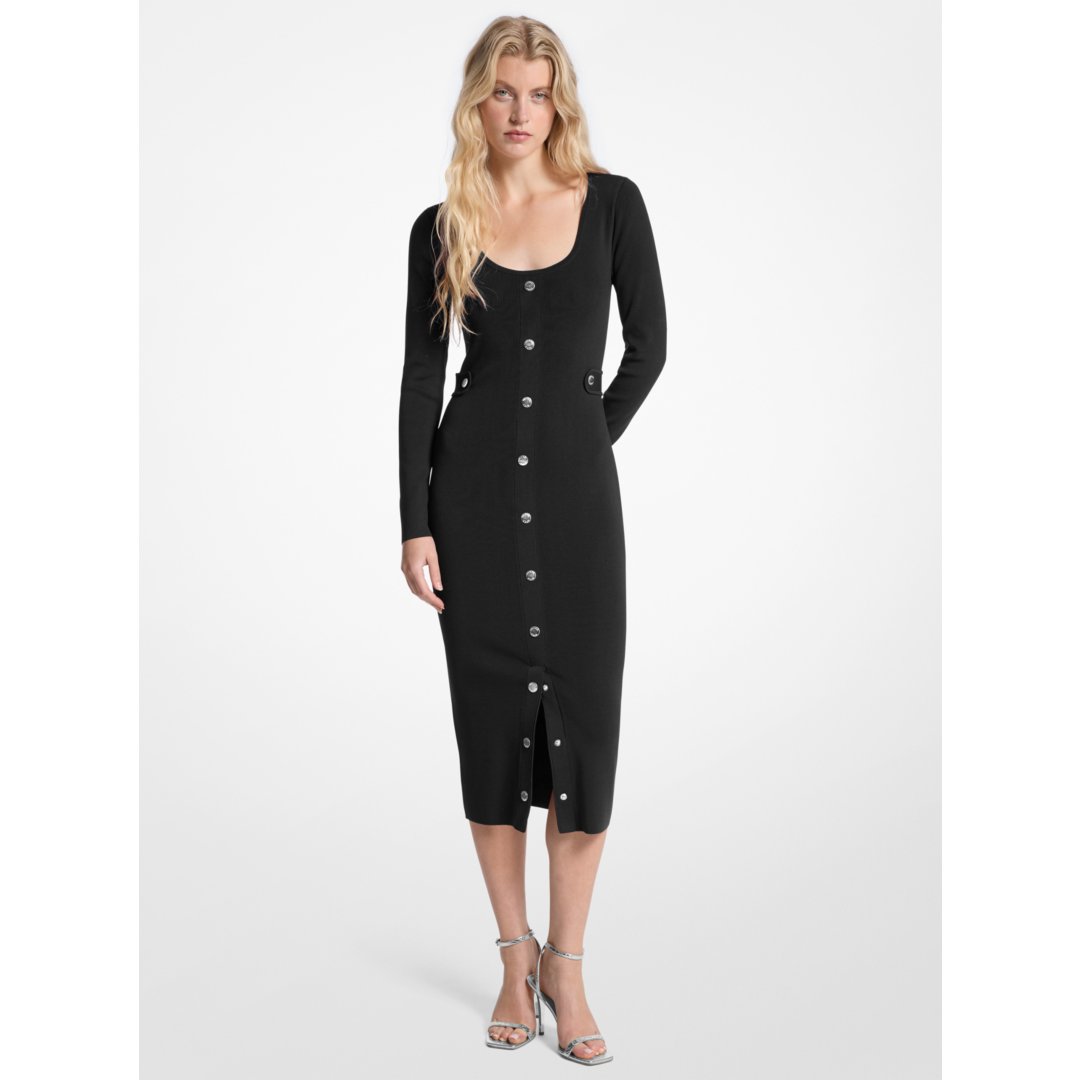 Michael Kors Ribbed Stretch Viscose Midi Dress BLACK