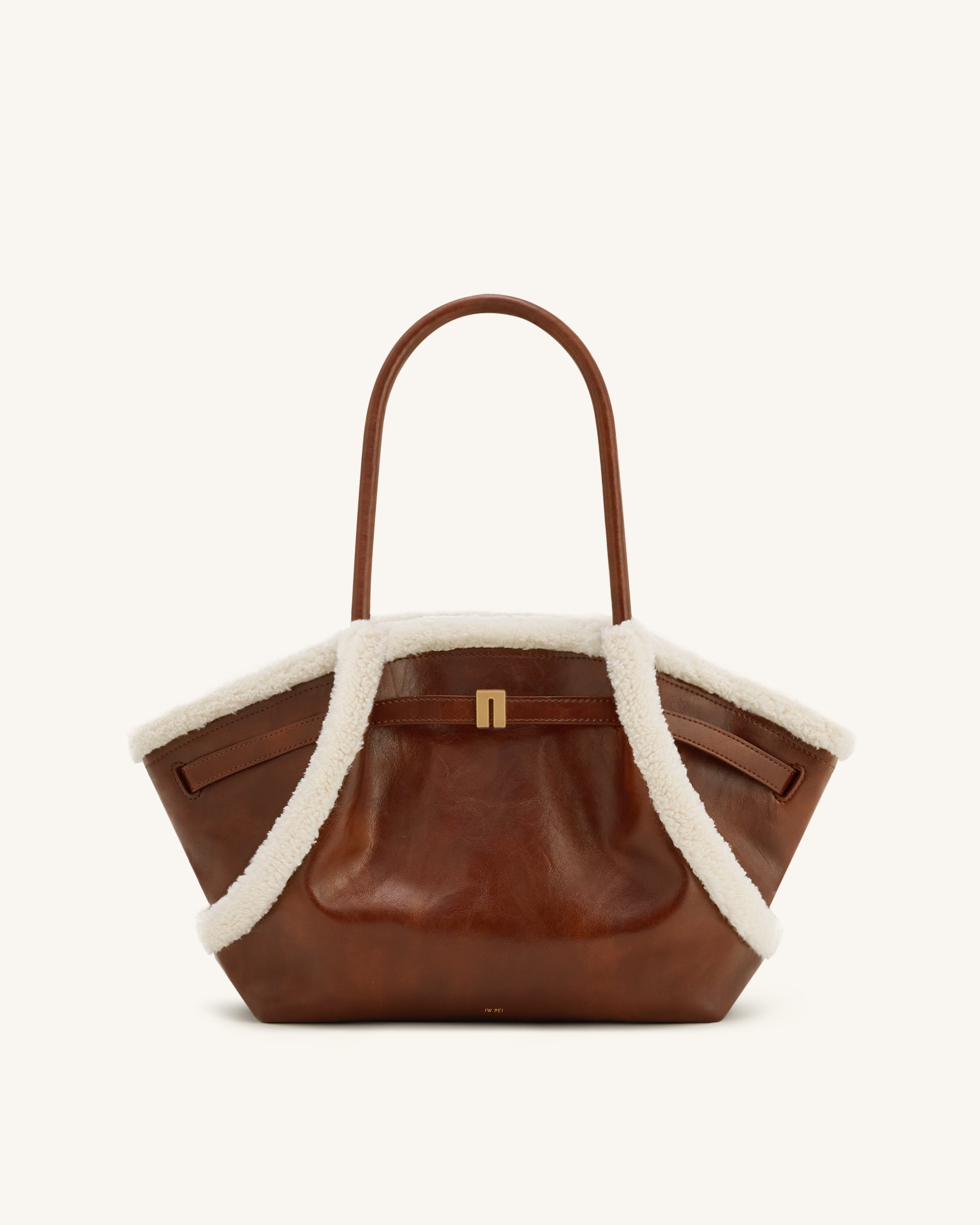 Jw Pei Hana Medium Faux Shearling Trim Tote Bag Brown