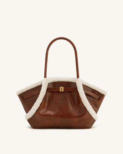 Jw Pei Hana Medium Faux Shearling Trim Tote Bag Brown