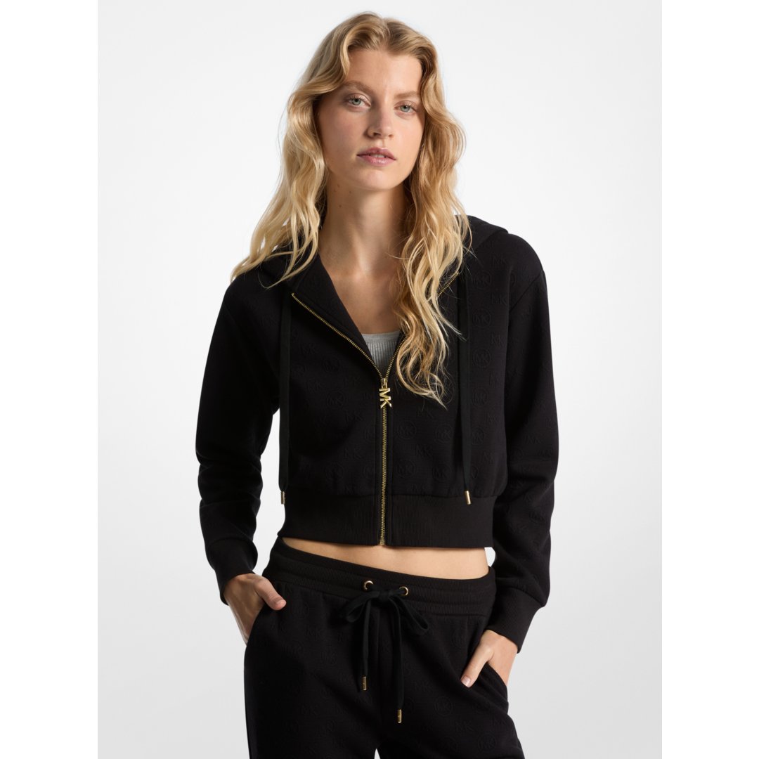 Michael Kors Logo Jacquard Charm Jacquard Cropped Zip-Up Hoodie BLACK