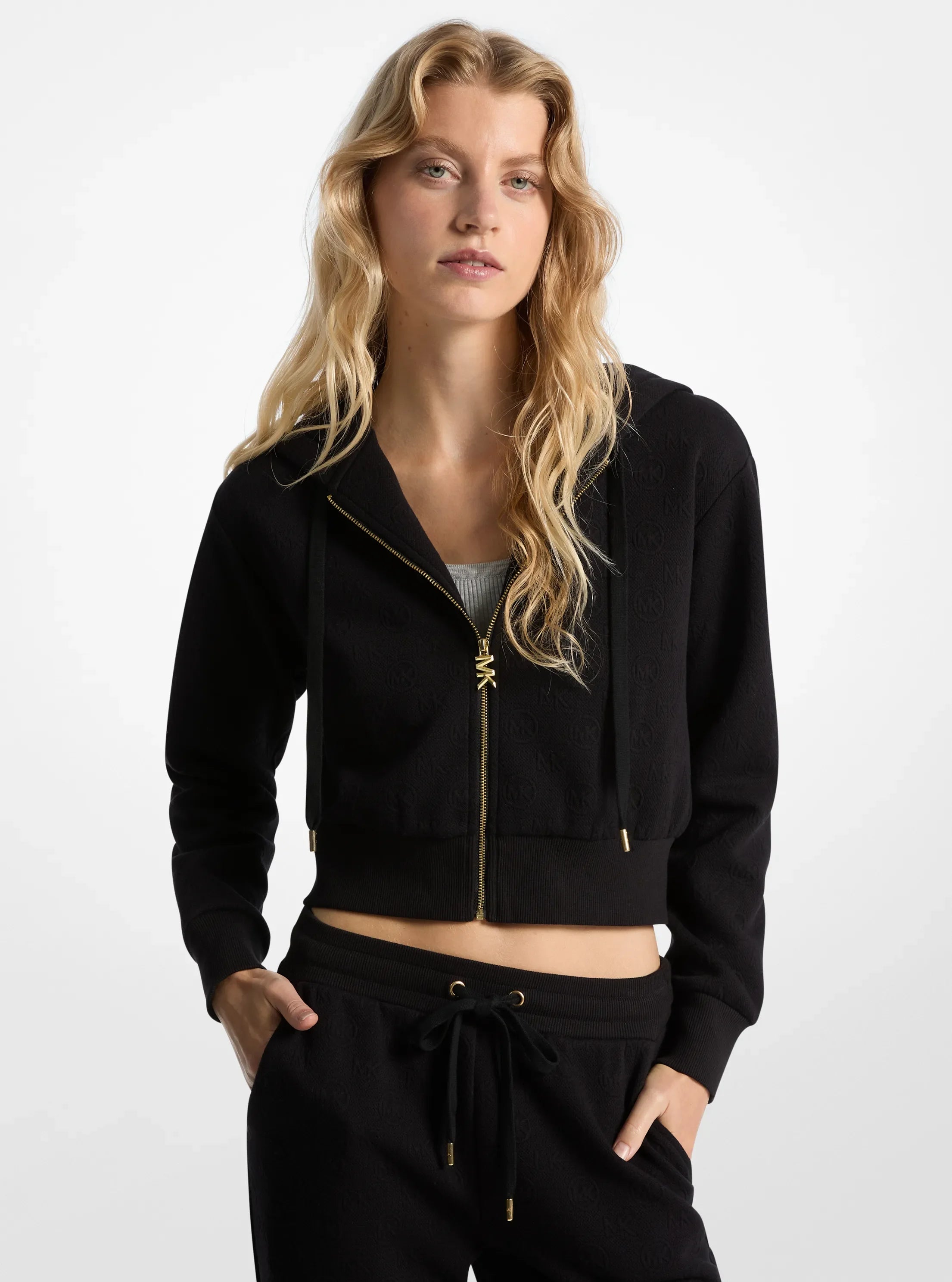 Michael Kors Logo Jacquard Charm Jacquard Cropped Zip-Up Hoodie BLACK