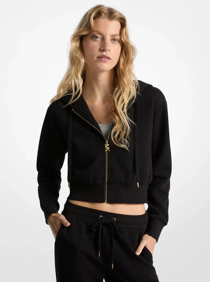 Michael Kors Logo Jacquard Charm Jacquard Cropped Zip-Up Hoodie BLACK