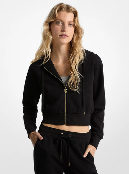 Michael Kors Logo Jacquard Charm Jacquard Cropped Zip-Up Hoodie BLACK