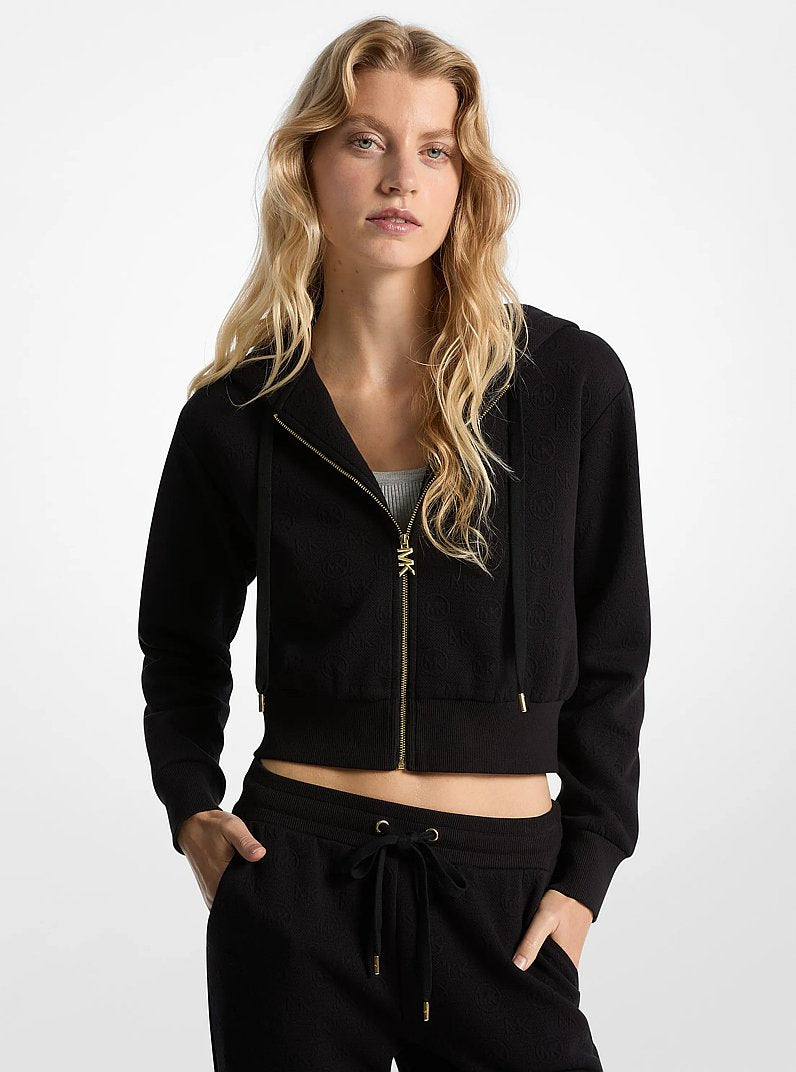 Michael Kors Logo Jacquard Charm Jacquard Cropped Zip-Up Hoodie BLACK