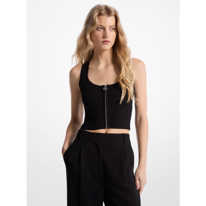 Michael Kors Ribbed Viscose Blend Zip-Up Tank Top BLACK