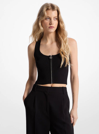 Michael Kors Ribbed Viscose Blend Zip-Up Tank Top BLACK
