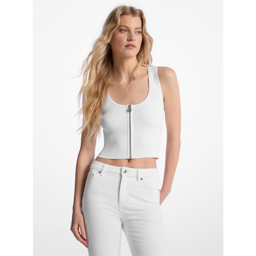 Michael Kors Ribbed Viscose Blend Zip-Up Tank Top WHITE