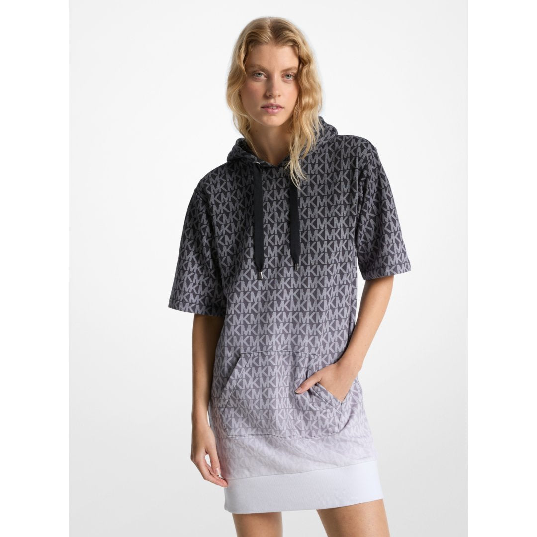 Michael Kors Ombr Signature Logo Cotton Terry Hoodie Dress BLACK