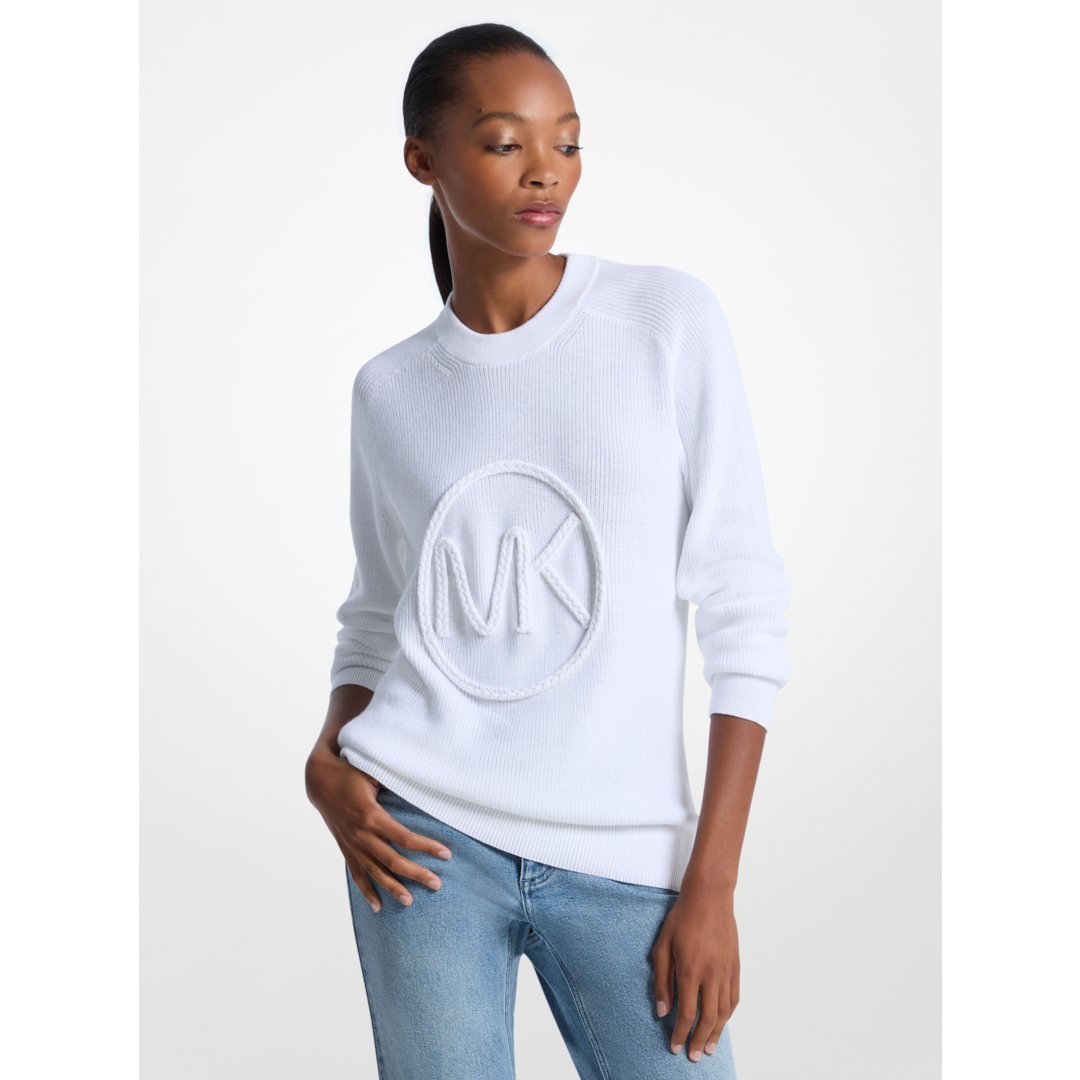Michael Kors Braided Logo Cotton Blend Sweater WHITE