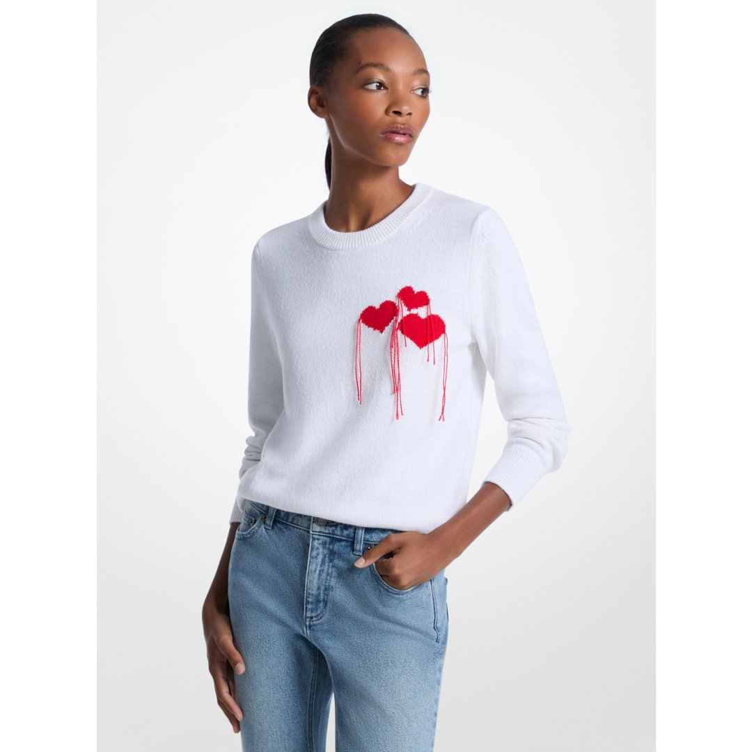 Michael Kors Fringed Heart Cotton Blend Sweater WHITE