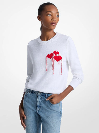Michael Kors Fringed Heart Cotton Blend Sweater WHITE