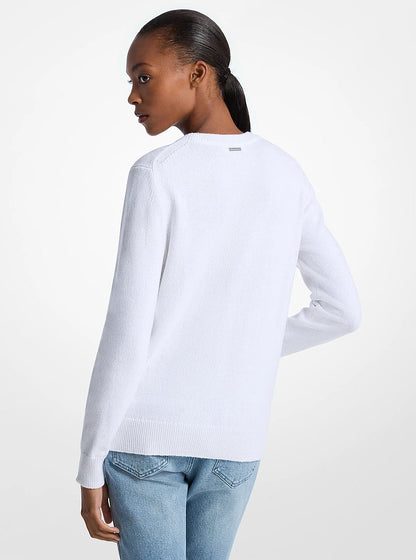 Michael Kors Fringed Heart Cotton Blend Sweater WHITE
