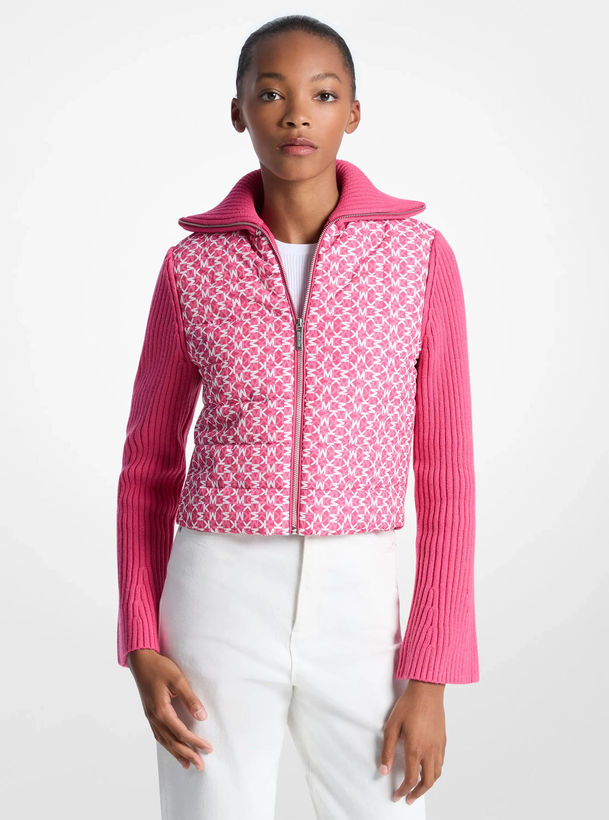 Michael Kors Quilted Graphic Logo and Knit Jacket HIBISCUS