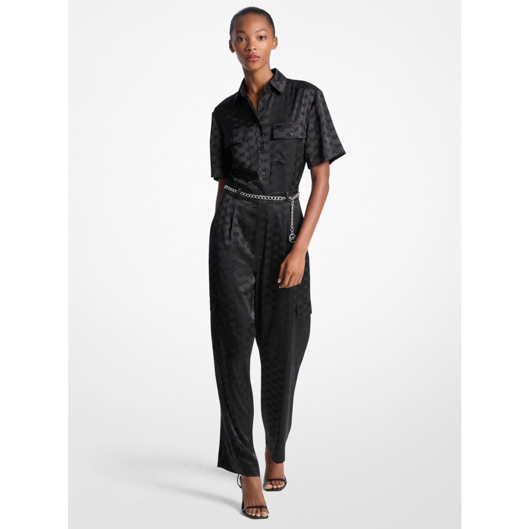 Michael Kors Logo Jacquard Satin Belted Jumpsuit BLACK