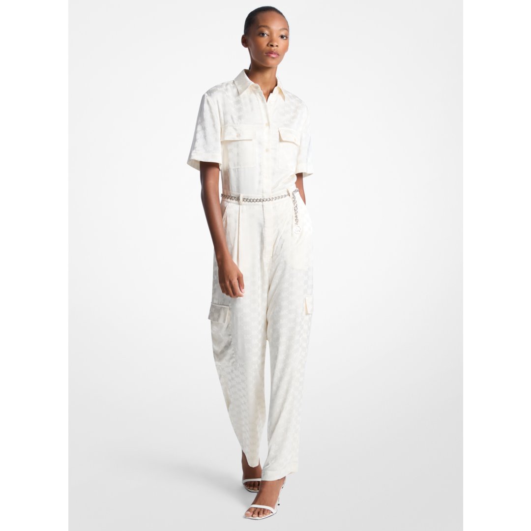 Michael Kors Logo Jacquard Satin Belted Jumpsuit BONE