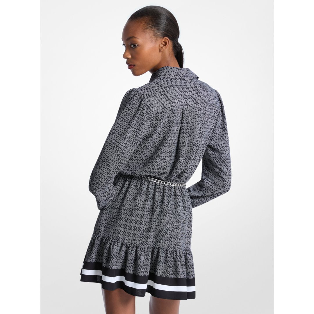 Michael Kors Logo Print Crepe Belted Mini Dress BLACK/WHITE