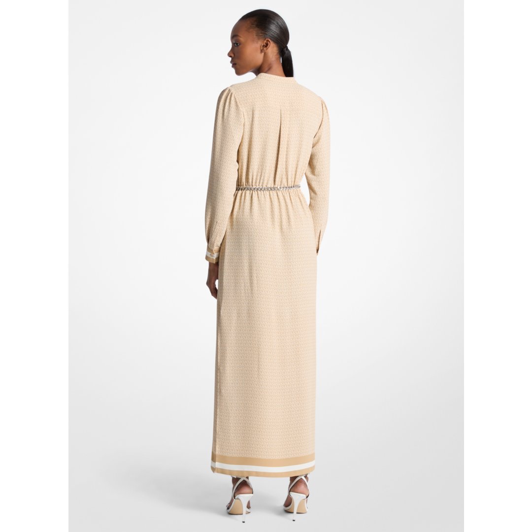 Michael Kors Logo Print Satin Belted Maxi Dress KHAKI