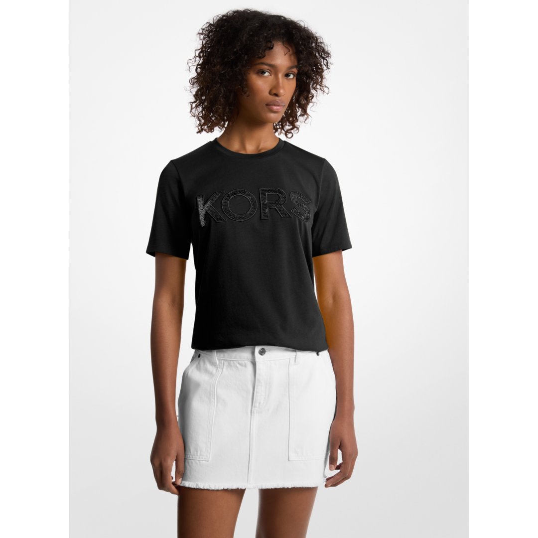Michael Kors Sequined Logo Cotton T-Shirt BLACK