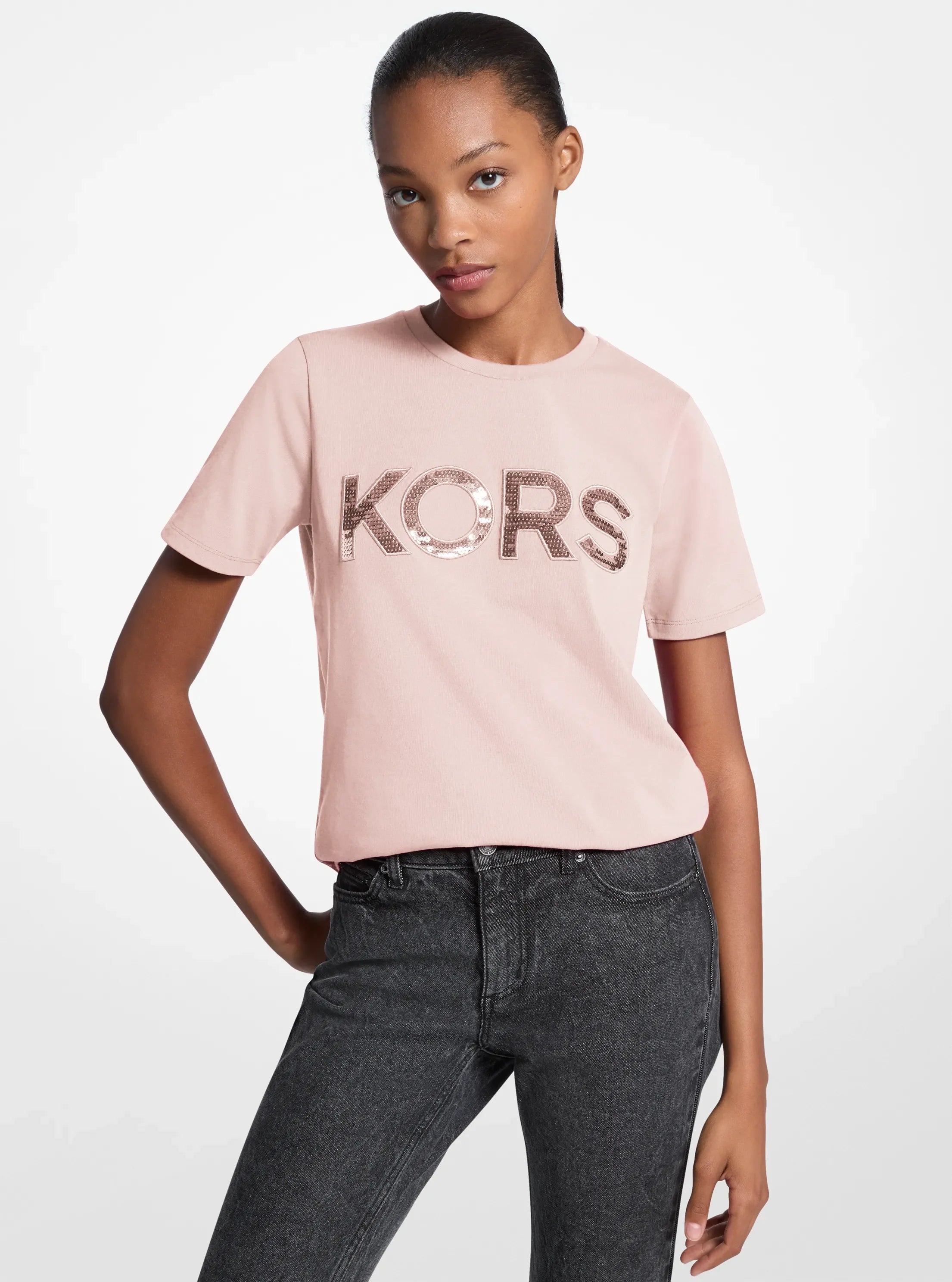 Michael Kors Sequined Logo Cotton T-Shirt POWDER BLUSH