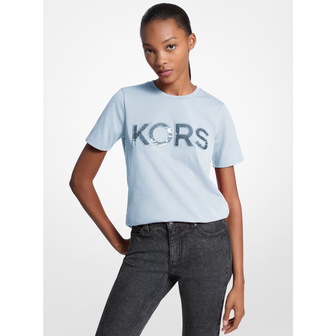 Michael Kors Sequined Logo Cotton T-Shirt PASTEL BLUE