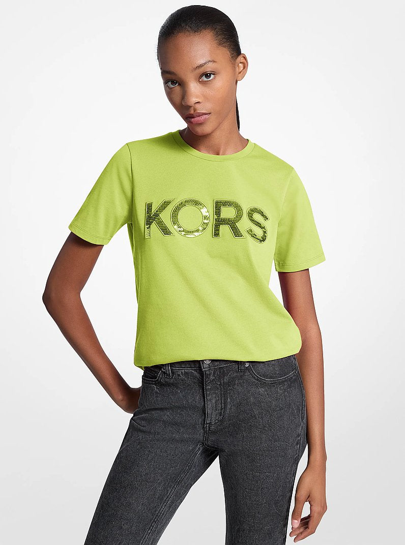 Michael Kors Sequined Logo Cotton T-Shirt LIME