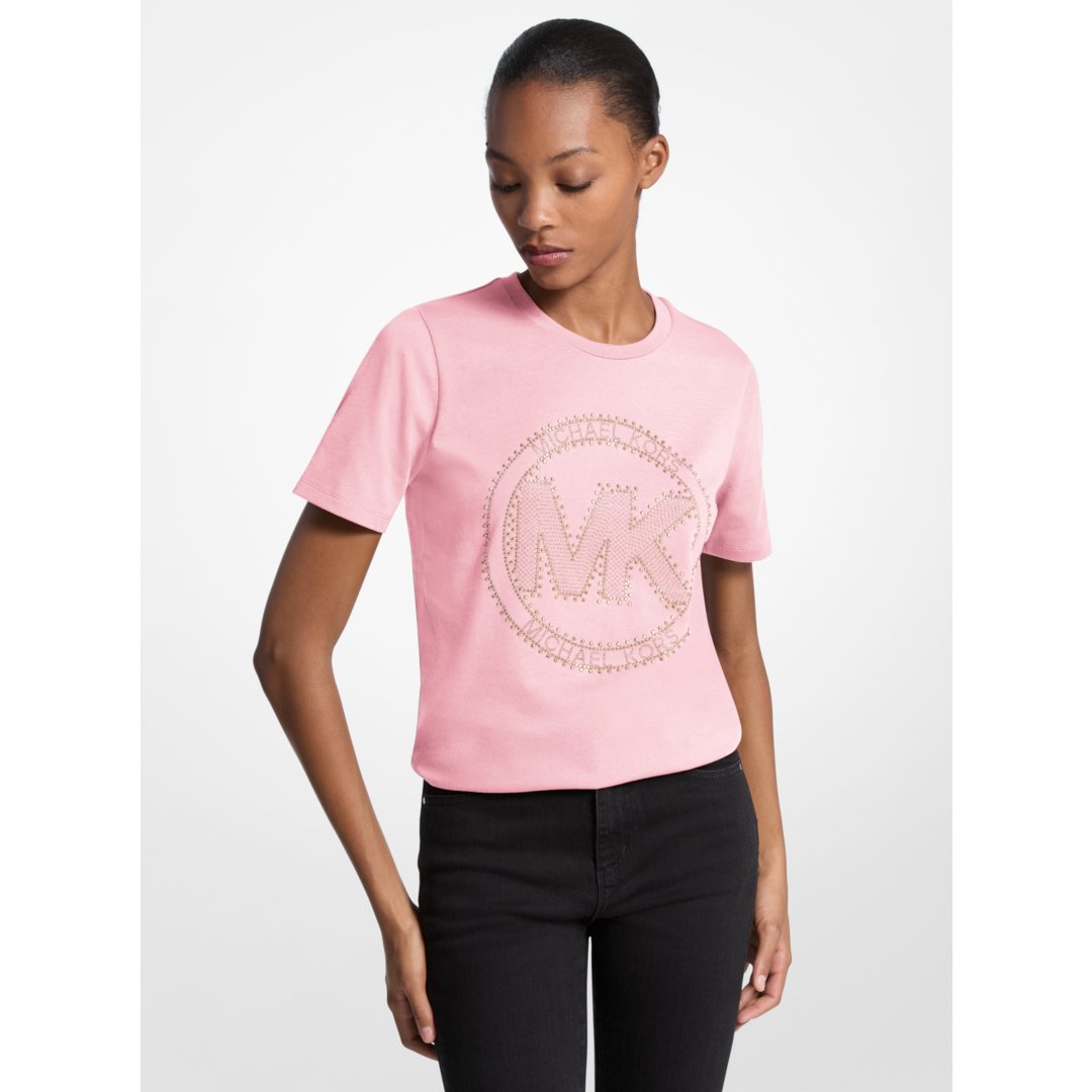 Michael Kors Studded Logo Charm Organic Cotton Jersey T-Shirt CARNATION