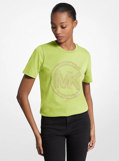 Michael Kors Studded Logo Charm Organic Cotton Jersey T-Shirt DK CHAMBRAY