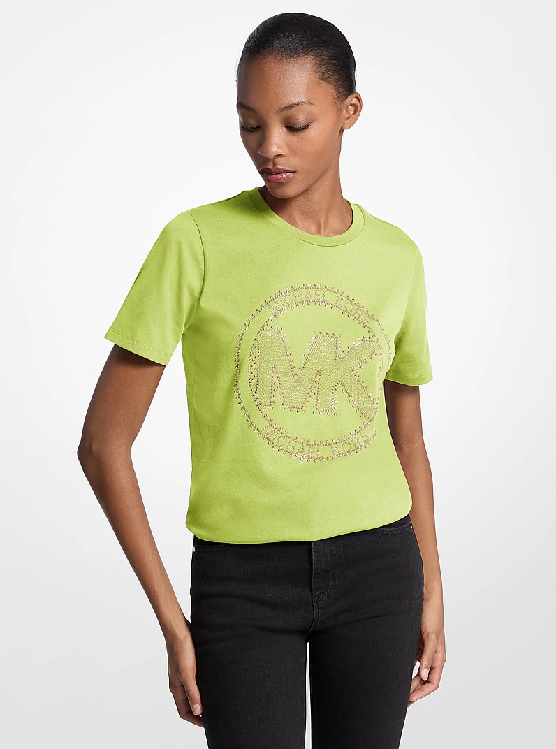 Michael Kors Studded Logo Charm Organic Cotton Jersey T-Shirt DK CHAMBRAY