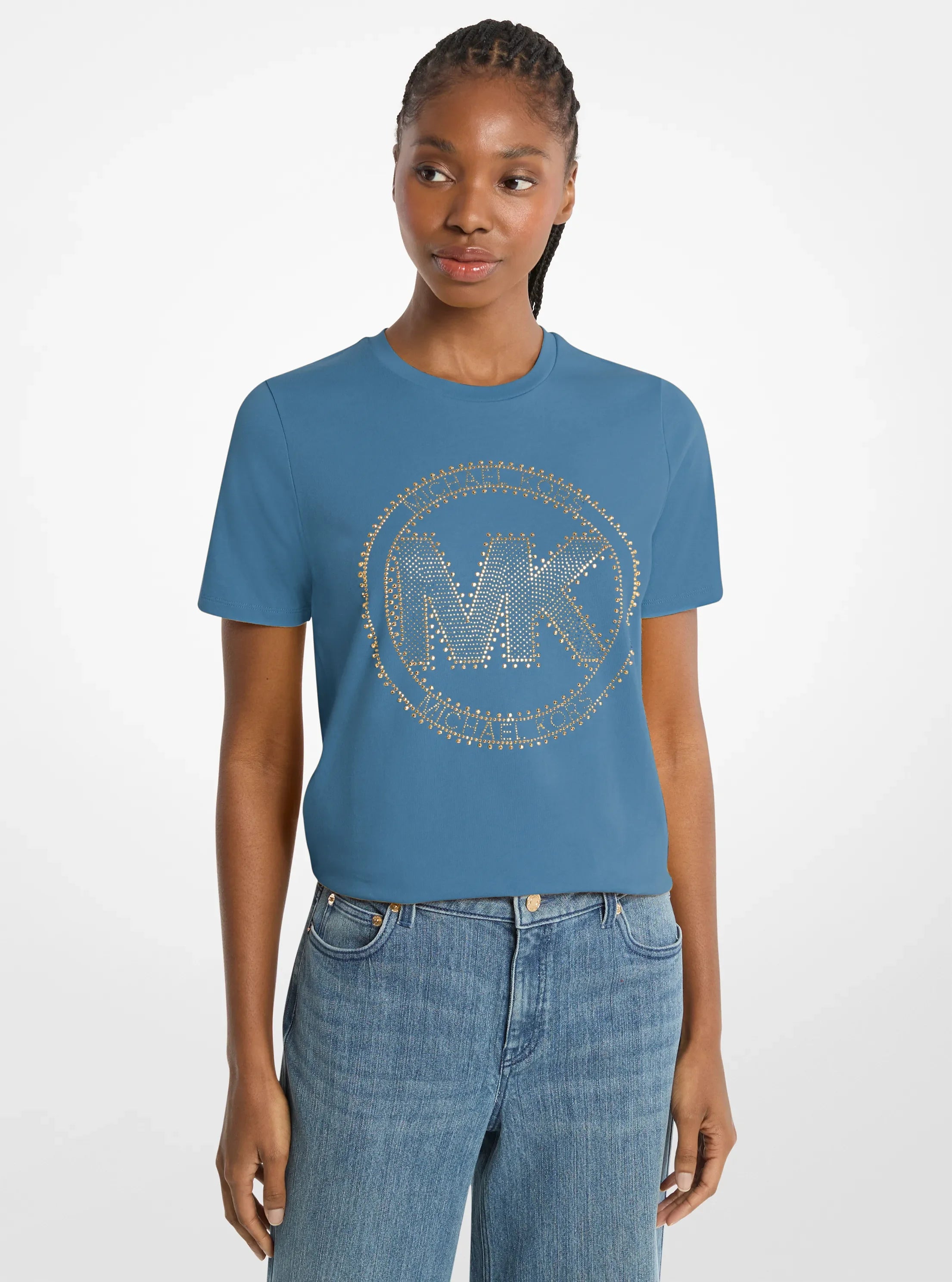 Michael Kors Studded Logo Charm Organic Cotton Jersey T-Shirt DK CHAMBRAY