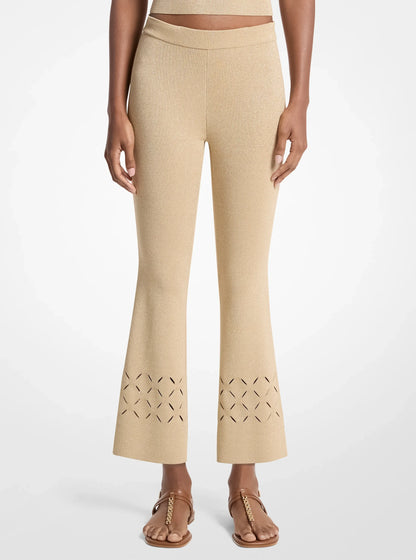Michael Kors Laser Cut Metallic Stretch Knit Cropped Pants GOLD