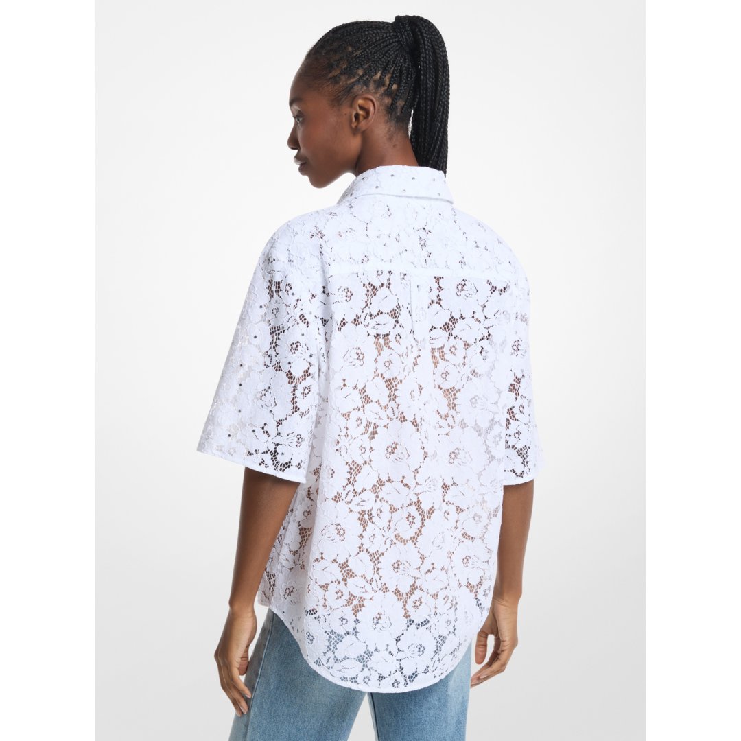Michael Kors Studded Corded Floral Lace Shirt WHITE