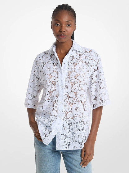 Michael Kors Studded Corded Floral Lace Shirt WHITE