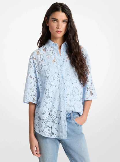 Michael Kors Studded Corded Floral Lace Shirt PASTEL BLUE