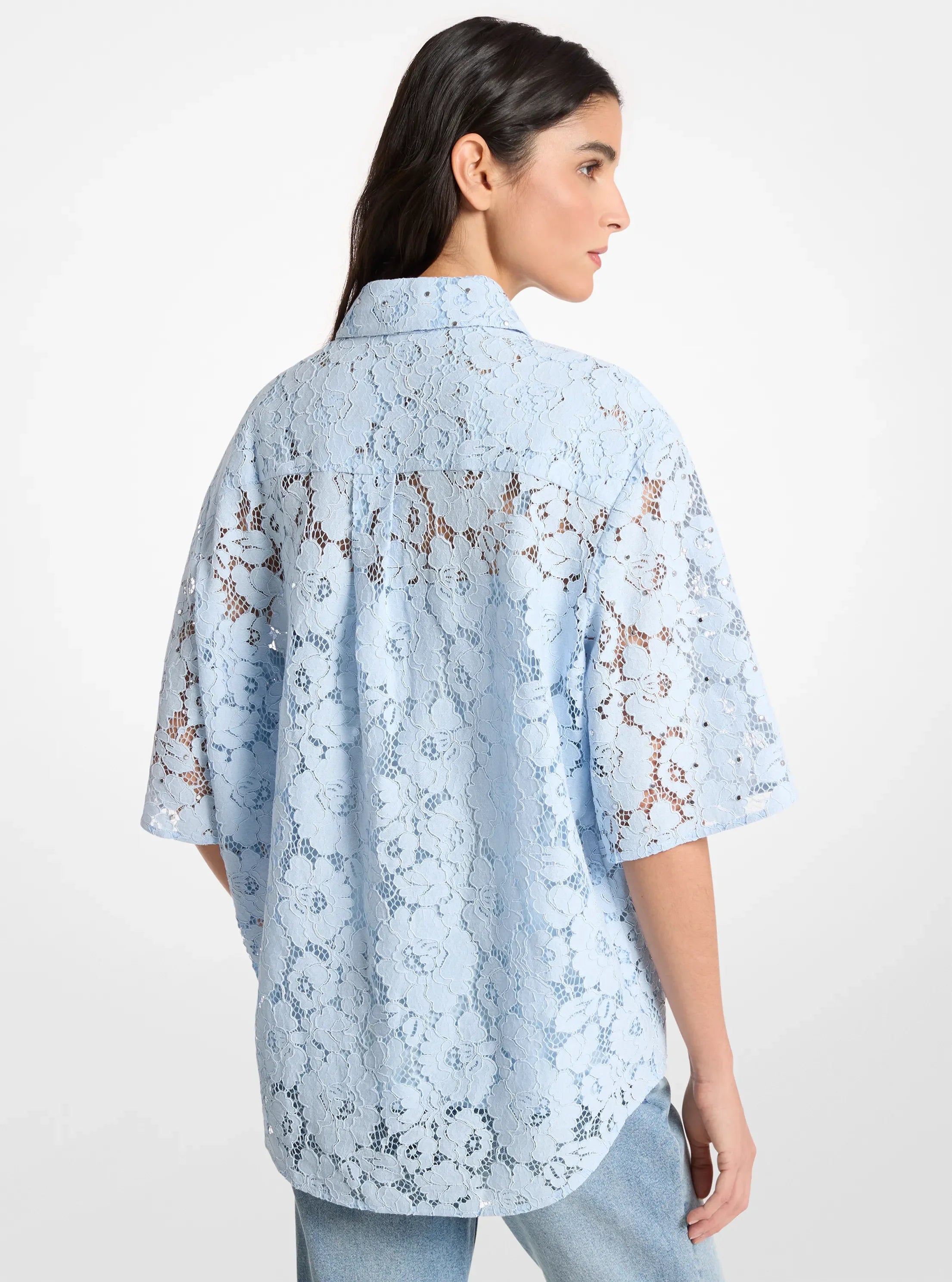 Michael Kors Studded Corded Floral Lace Shirt PASTEL BLUE