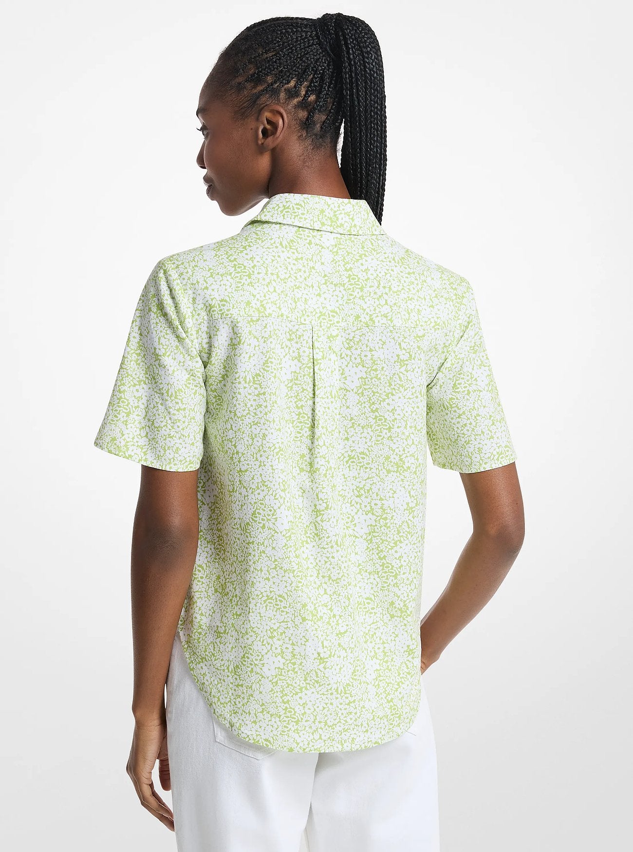 Michael Kors Floral Print Linen Blend Camp Shirt LIME