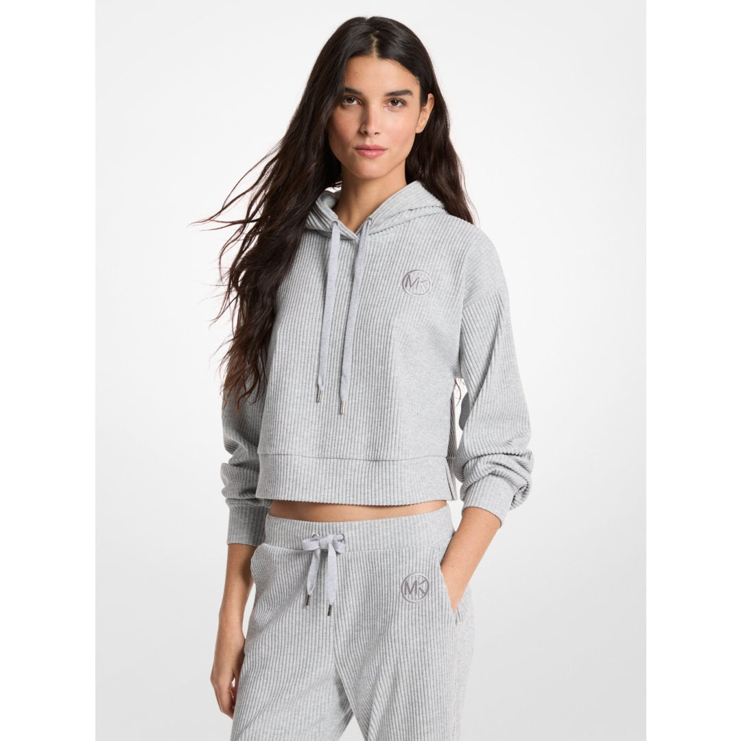 Michael Kors Ribbed Knit Hoodie PEARL GREY