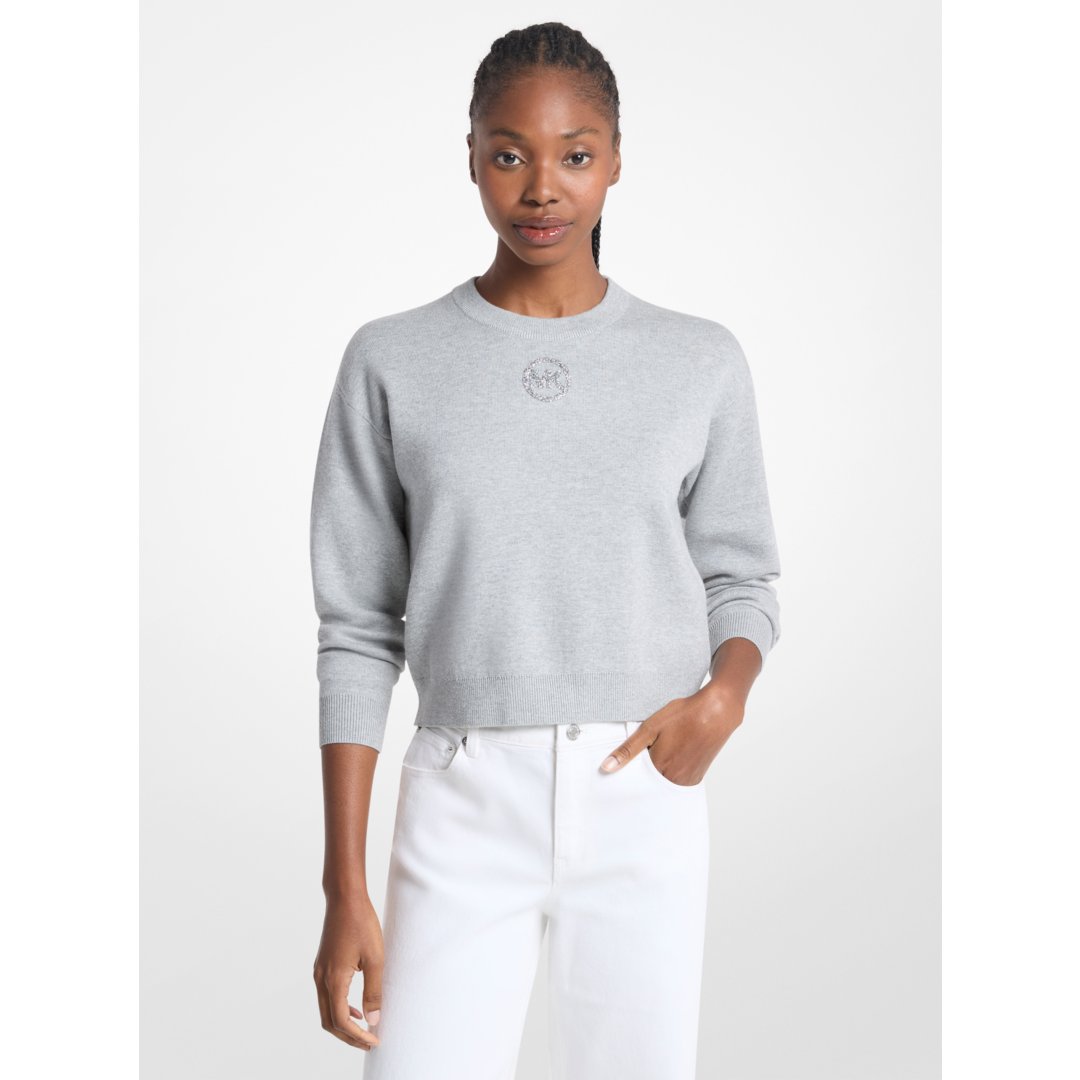 Michael Kors Embellished Logo Cotton Blend Sweater PEARL GREY