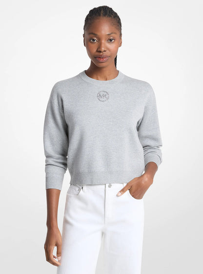 Michael Kors Embellished Logo Cotton Blend Sweater PEARL GREY