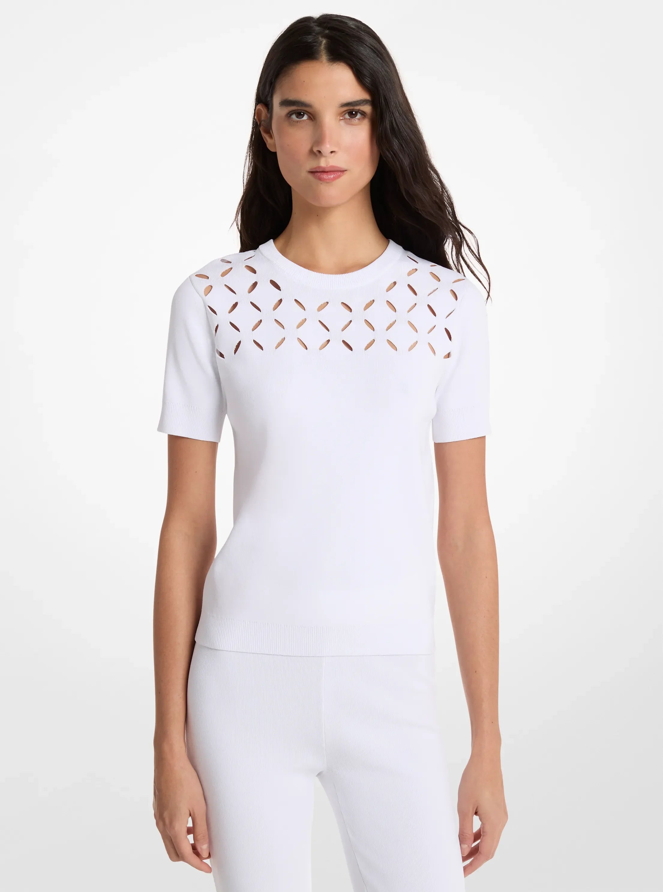 Michael Kors Laser Cut Stretch Knit Top WHITE